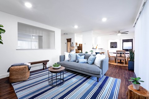 A living room with a grey couch and a blue striped rug.