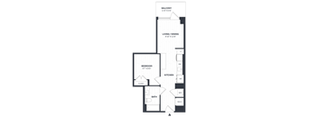 A floor plan of a home with a balcony, living/dining area, bedroom, bathroom, kitchen, and closet.