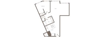A floor plan of a house with a bedroom, living room, closet, bath, and kitchen.