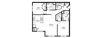 A black and white image of a house floor plan with a kitchen, two bedrooms, a bathroom, a laundry room, a workshop, and a mech.