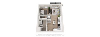 A 3D floor plan of a small apartment with a kitchen, living room, and two bedrooms.