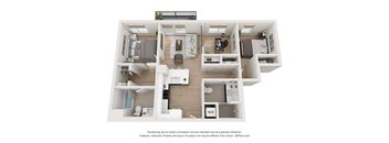 A 3D floor plan of a house with labeled rooms.