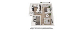 A 3D floor plan of a house with a kitchen, living room, and bathroom.