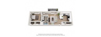 A 3D floor plan of a house with a kitchen, living room, and bathroom.