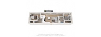 A 3D floor plan of a house with a kitchen, living room, and two bedrooms.