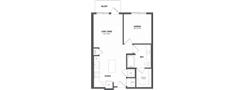 A floor plan of a balcony with a living/dining area, kitchen, bathroom, and bedroom.