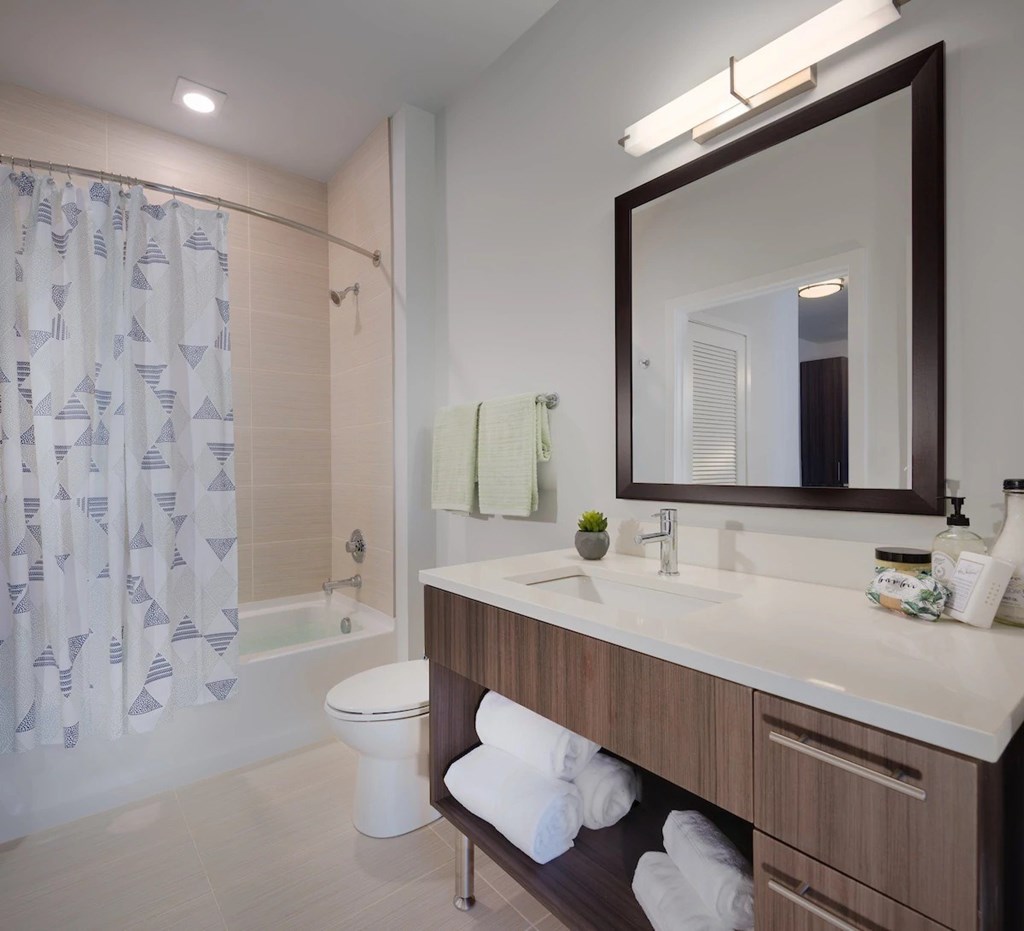 A bathroom with a white countertop and a mirror above it.