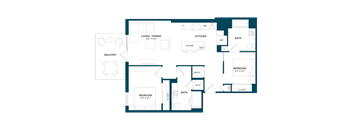 A floor plan of a house with a living room, kitchen, two bedrooms, a bathroom, a balcony, and a closet.