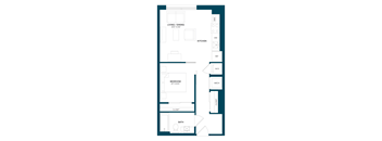 A floor plan of a small apartment with a living room, kitchen, bedroom, bathroom, and closet.
