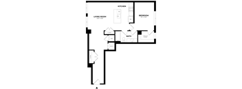 A floor plan of a house with a living room, kitchen, bedroom, bathroom, and closets.