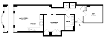 A floor plan of a house with a living room, kitchen, bedroom, and bathroom.