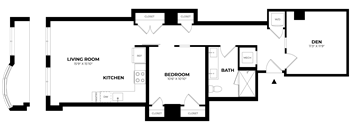 A floor plan of a house with a living room, kitchen, den, bedroom, and bathroom.