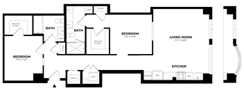 A floor plan of a house with two bedrooms, a living room, a kitchen, and two bathrooms.