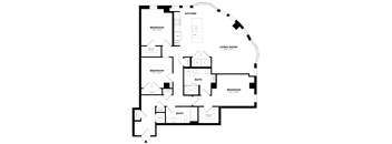 A floor plan of a house with a living room, kitchen, and three bedrooms.