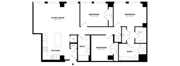 A floor plan of a house with a living room, kitchen, and four bedrooms.