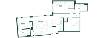 A floor plan of a house with a primary bedroom, a great room, and a kitchen.