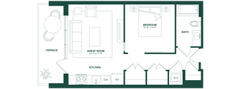 A floor plan of a house with a terrace, great room, kitchen, and bathroom.