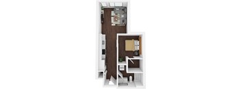 A floor plan of a small apartment with a kitchen, living room, and bathroom.