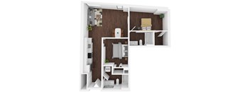 A floor plan of a small apartment with a kitchen, living room, and bedroom.