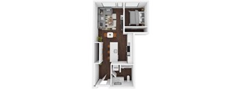 A top down view of a small apartment with a kitchen, living room, and bedroom.