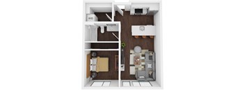 A floor plan of a small apartment with a bedroom and living room.