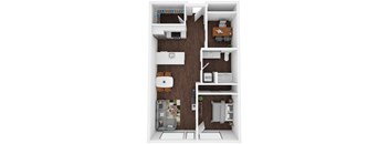 A top down view of a small apartment with a kitchen, living room and bedroom.