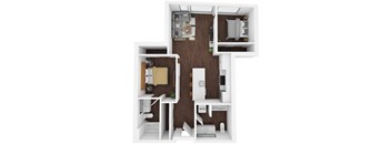 A top-down view of a small apartment layout with a bedroom, living room, and kitchen.