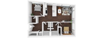 A 3D floor plan of a small apartment with a kitchen, living room, and bedroom.