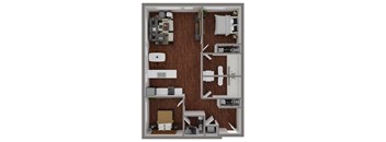 A top-down view of a small apartment with a living room, kitchen, and bedroom.