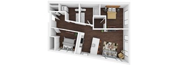 A 3D floor plan of a small apartment with a kitchen, living room, and bedroom.