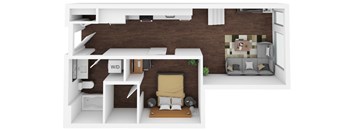 A top down view of a small apartment with a bed, a couch, and a kitchen area.