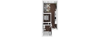 A small apartment with a bedroom, living room, and kitchen.