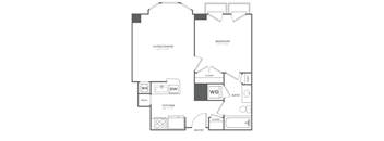 A black and white floor plan of a small apartment with a living/dining area, kitchen, bedroom, and bathroom.