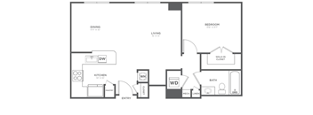 A floor plan of a home with a living room, dining room, kitchen, and bathroom.