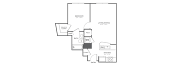 A floor plan of a home with a bedroom, living/dining area, kitchen, and bathroom.