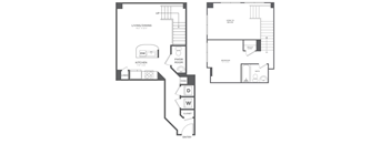A floor plan of a two bedroom apartment with a living room, kitchen, and bathroom.
