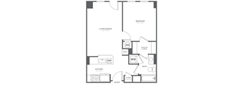 A floor plan of a small apartment with a living/dining area, kitchen, bedroom, bathroom, and closet.