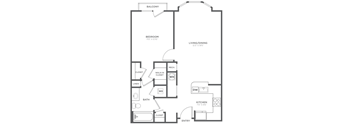A black and white floor plan of an apartment with a balcony, bedroom, living/dining area, kitchen, bathroom, and two closets.
