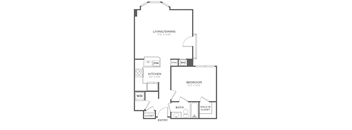 A black and white image of a floor plan for a home with a living/dining area, kitchen, bedroom, bathroom, and closet.