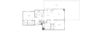 A black and white floor plan of a house with a balcony, living room, dining room, kitchen, bathroom, and bedroom.