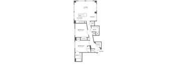 A black and white floor plan of a house with a living room, kitchen, dining room, and three bedrooms.