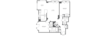 A black and white image of a house floor plan with a dining area, living room, kitchen, and bathrooms.
