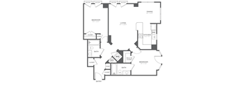 A black and white image of a house floor plan with a dining area, living room, kitchen, and four bedrooms.