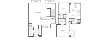 A floor plan of a two-story home with two bedrooms, a living area, a kitchen, a bathroom, and a laundry room.