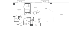 A floor plan of an apartment with two balconies, two bedrooms, a living room, a dining room, a kitchen, a bathroom, a terrace, a cloakroom, and an entry.