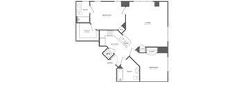 A floor plan of a small apartment with a kitchen, living room, and two bedrooms.