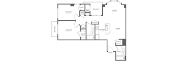 A black and white floor plan of a house with two bedrooms, a living room, a dining room, a kitchen, a pantry, a bathroom, and a walk-in closet.