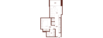 A floor plan of a house with a living room, kitchen, and bathroom.