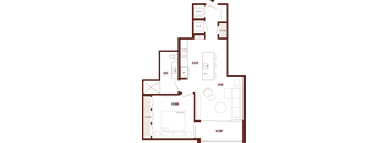 A floor plan of a house with a living room, kitchen, and bathroom.