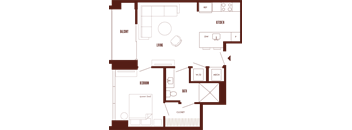 A floor plan of a house with a kitchen, living room, bedroom, and bathroom.